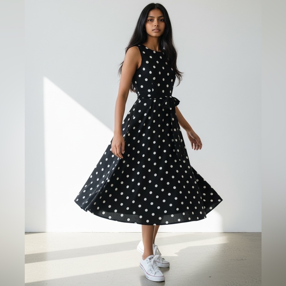 Ralph Lauren Black & White Polka Dot Midi Sleeveless Dress Belted Women’s Size 2 - Picture 3 of 11